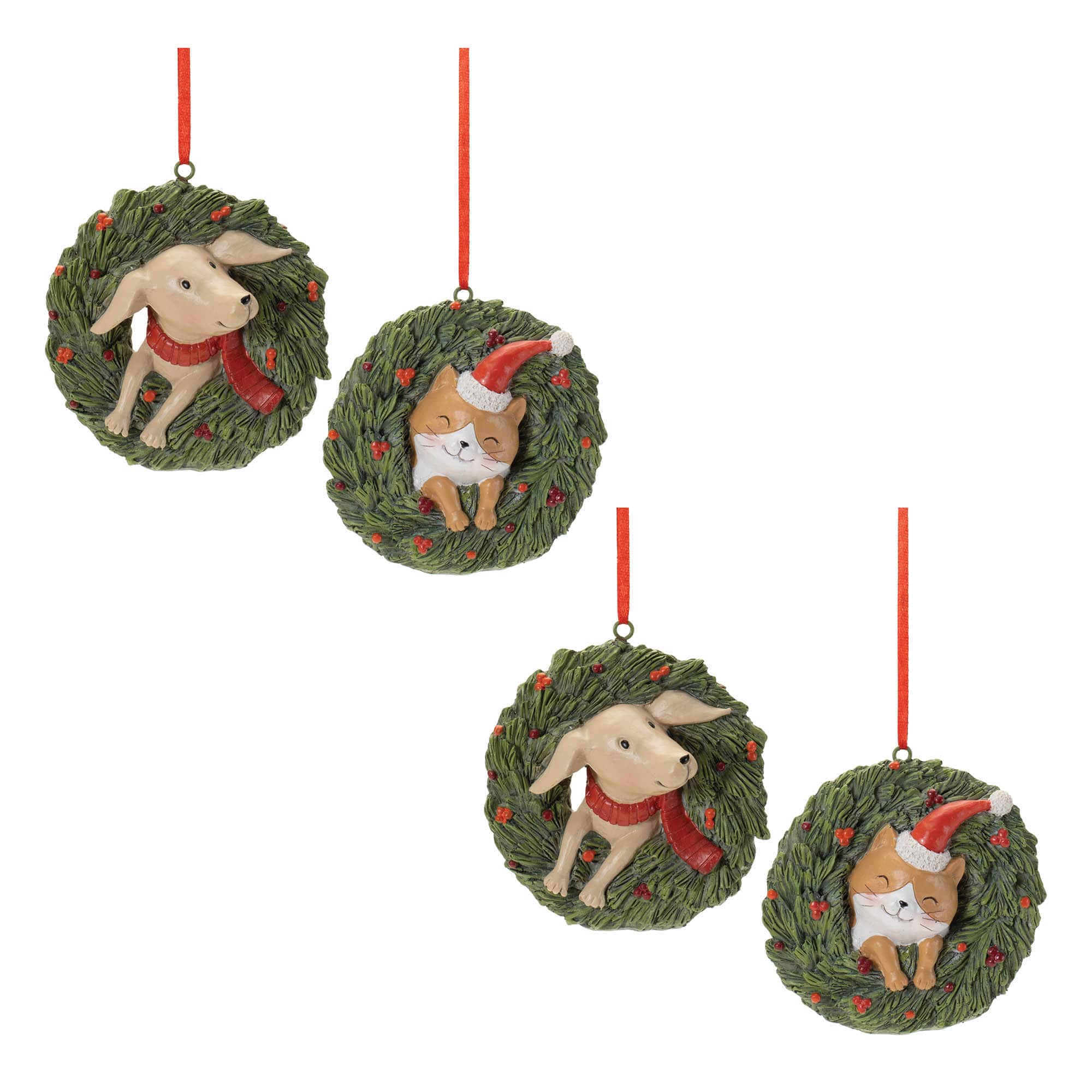 3.5" Cat & Dog in Pine Wreath Christmas Ornaments Set